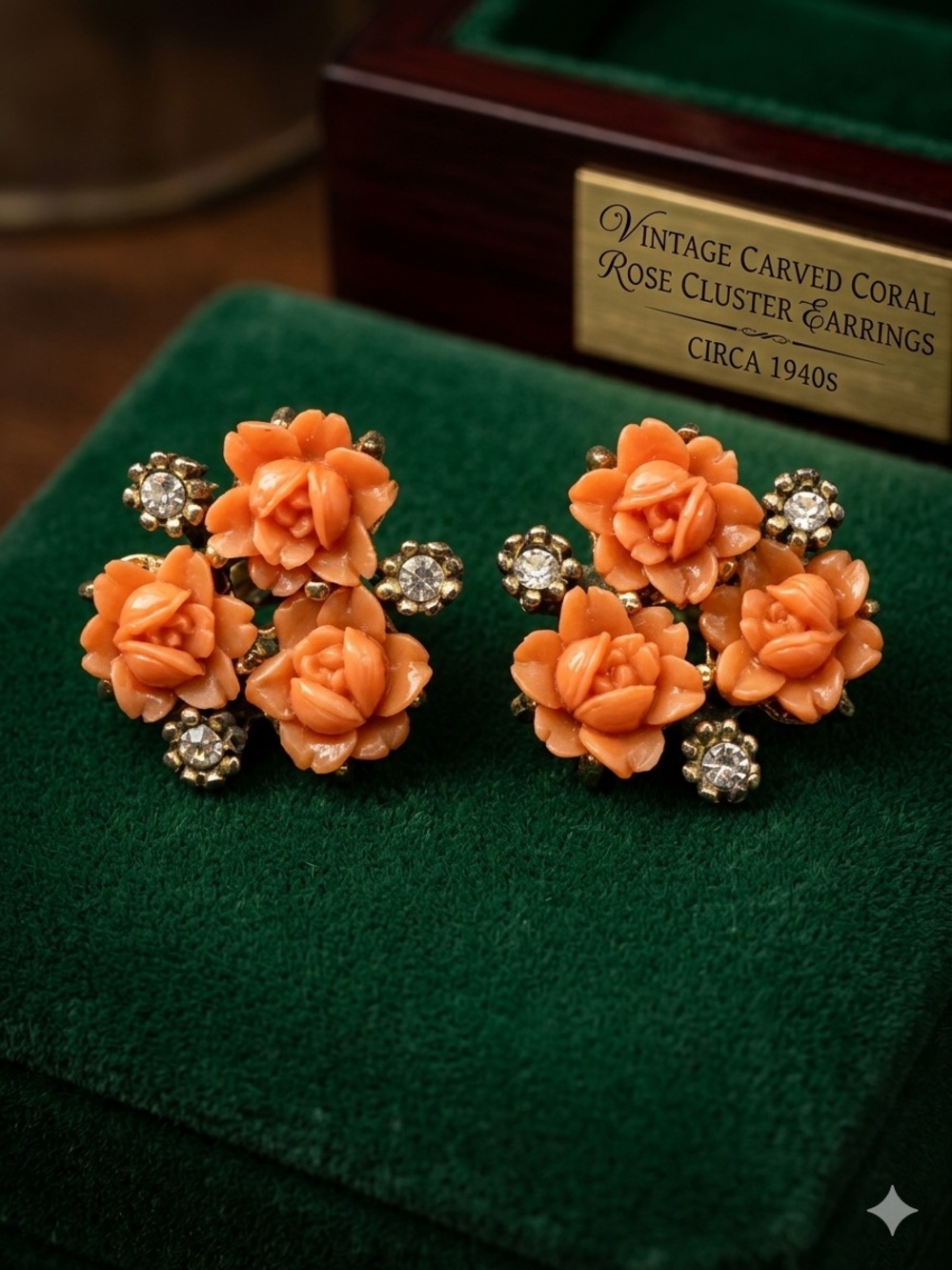 Vintage Celluloid Faux Coral Rose Demi-Parure Screwback Earrings 2563
